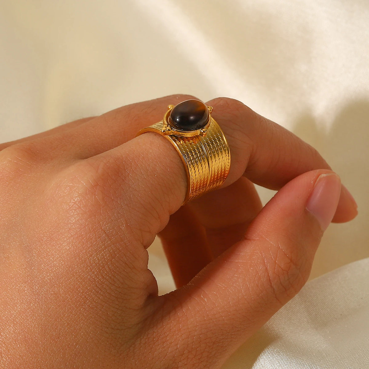 Kika Stainless Steel Natural Stone Tiger bead Wide Open Ring Jewelry 18k Gold Color Plated Metal Charm Chic Jewelry for Women